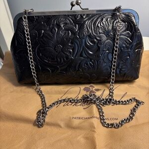 Patricia Nash Black Floral Embossed Leather Clutch with Chain